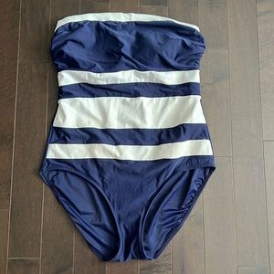 Navy/white striped nautical strapless one piece swimsuit sz 16
